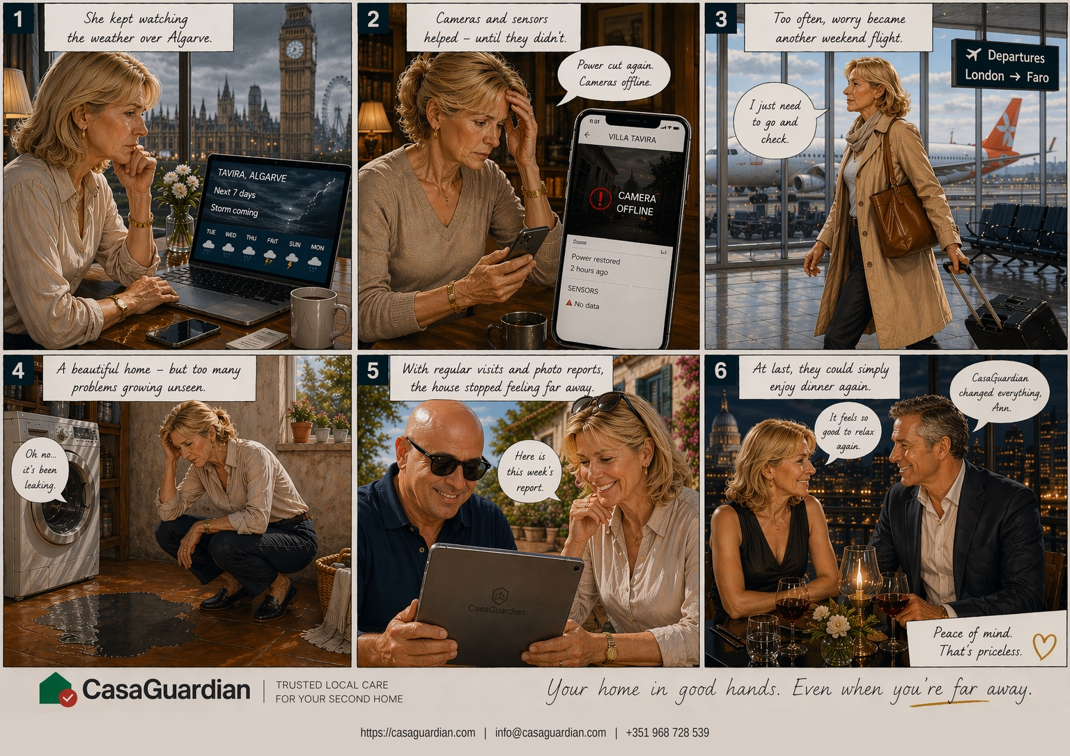Illustrated CasaGuardian comic showing a second-home owner moving from worry and repeated travel to peace of mind through trusted local property care.