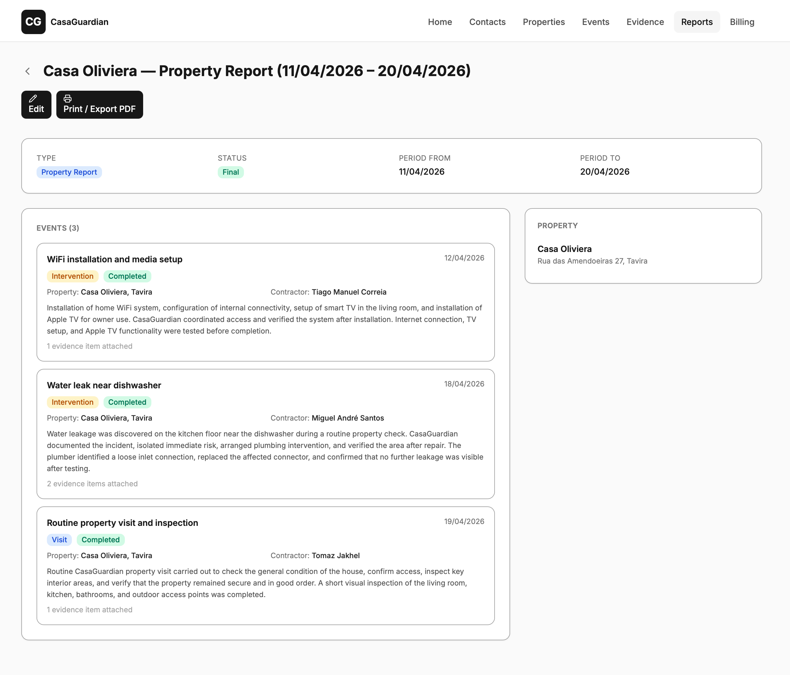 A structured event history in the CasaGuardian platform showing property activity over time