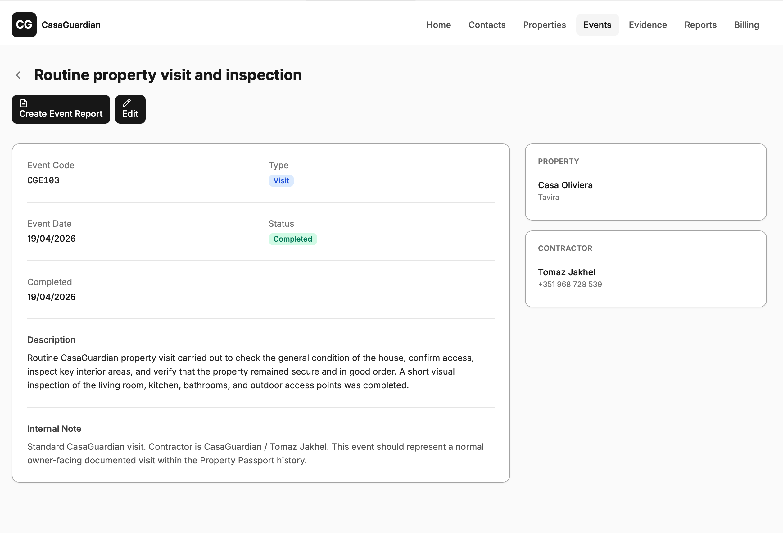 A documented event detail page showing incident type, date, status, description and contractor