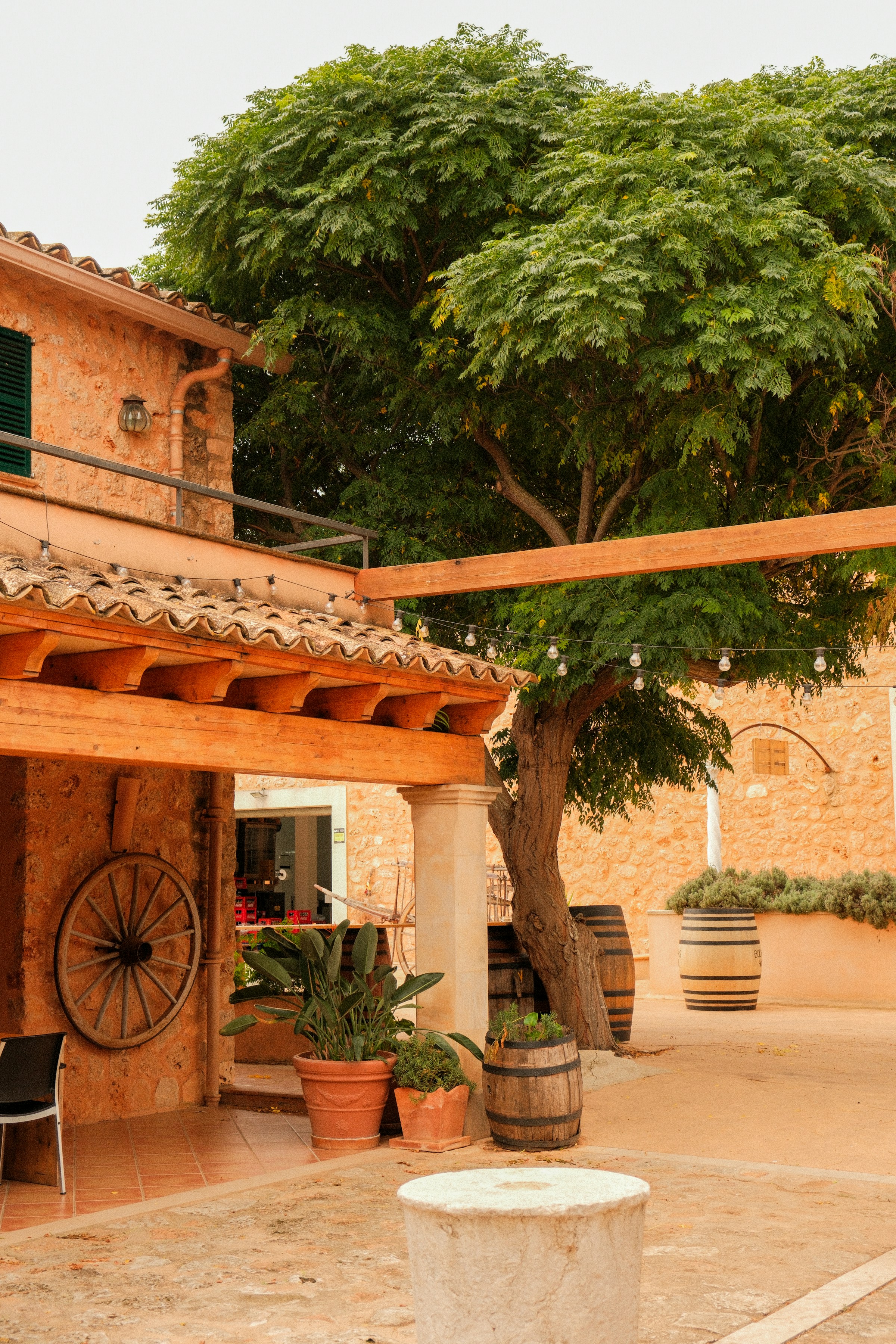 A stone courtyard with terracotta roof, wine barrels and an old tree — East Algarve